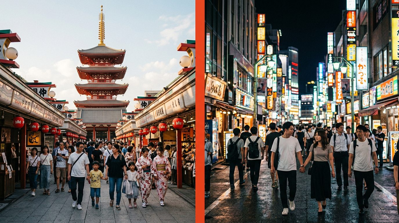 Samurai Ninja Museum Asakusa vs Shinjuku — Asakusa's lantern-lined daytime streets beside Shinjuku's neon nightlife district