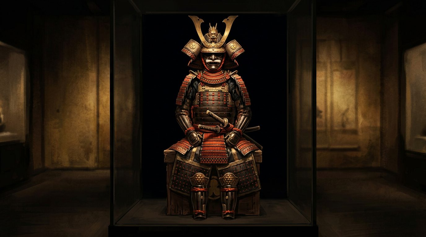 Original samurai armor with kabuto helmet displayed in a dim museum case — the kind of 12th–19th century yoroi shown at the Tokyo National Museum