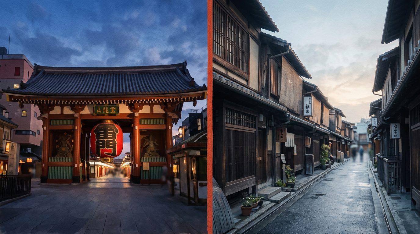 Samurai museum Tokyo vs Kyoto — Asakusa's Kaminarimon gate beside a traditional Kyoto machiya street, the two cities compared