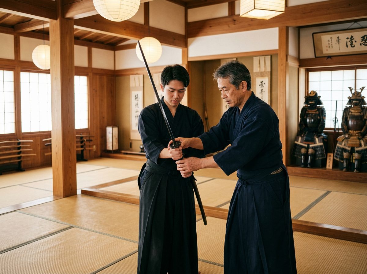 Samurai sword lesson Tokyo — student in hakama practicing katana cuts with an instructor at the Samurai Ninja Museum Asakusa